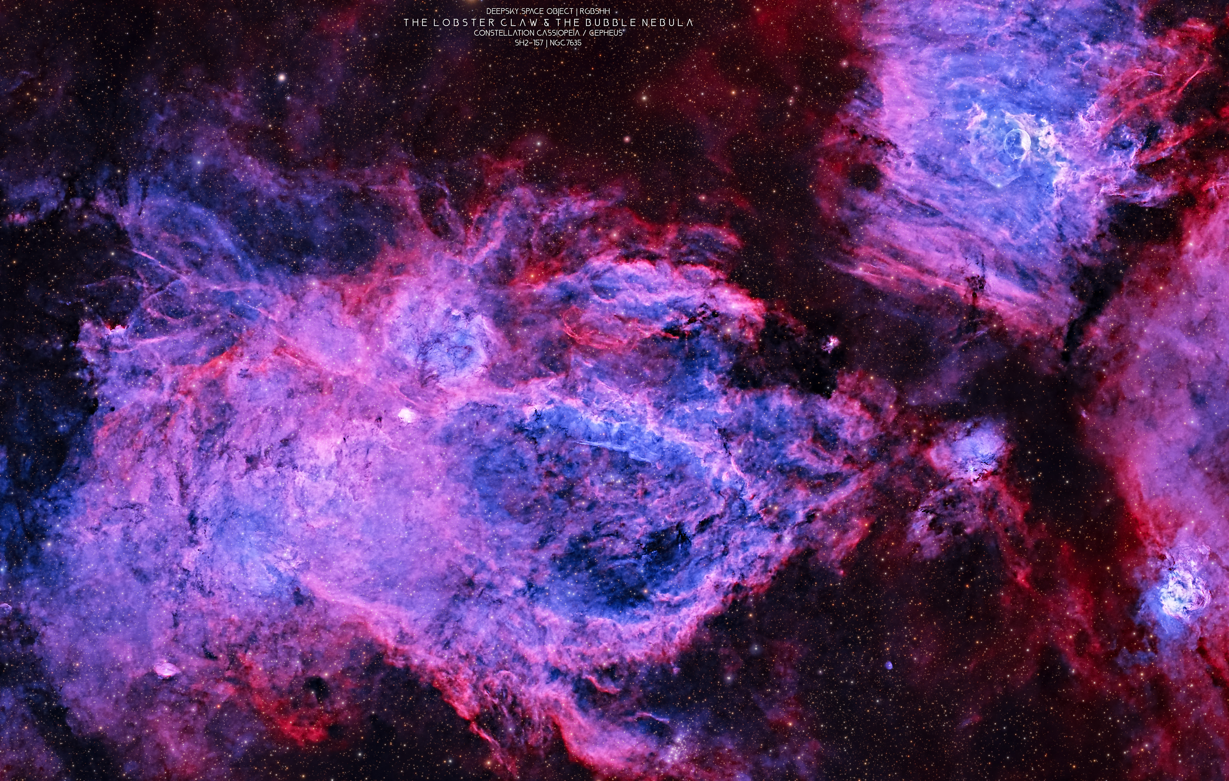 SH2 157 NGC7635 LobsterClaw&BubbleNebula RGBSHH RemoteTelescope 550mm web4096